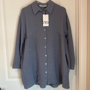 Zara Cotton Textured Gauze Button Front Mini Dress SIZE SMALL NWT